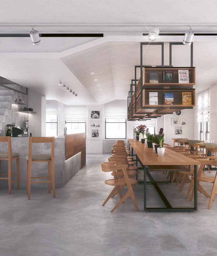 Café im Loftstil mit grauem Betonoptik Boden